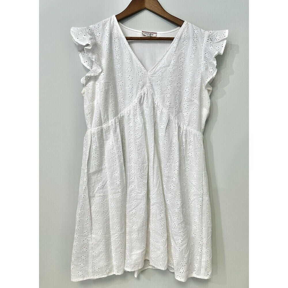 Andree By Unit Women's Mini Dress Eyelets Lined Flutter Sleeve White Size M